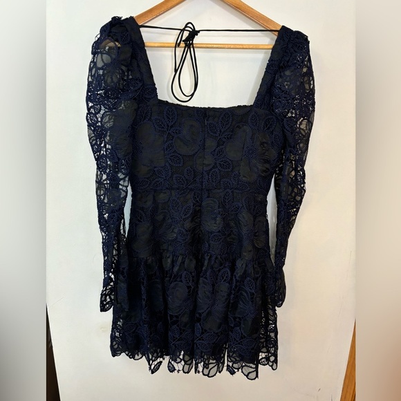 Monique Lhuillier Blue Crochet Lace Organza Long Sleeve Mini Dress - Picture 7 of 11